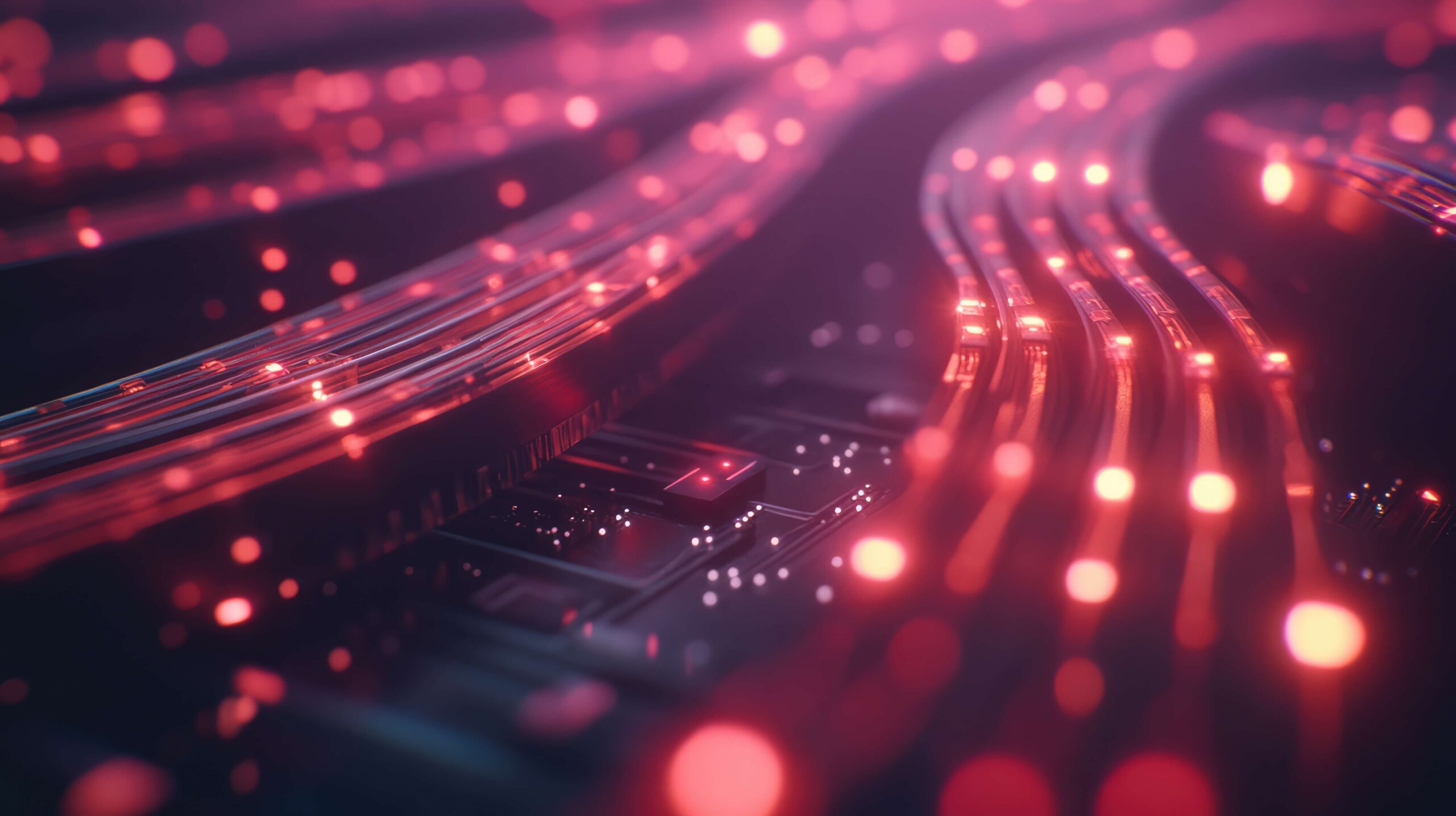 glowing red connectivity wires across lit up circuits