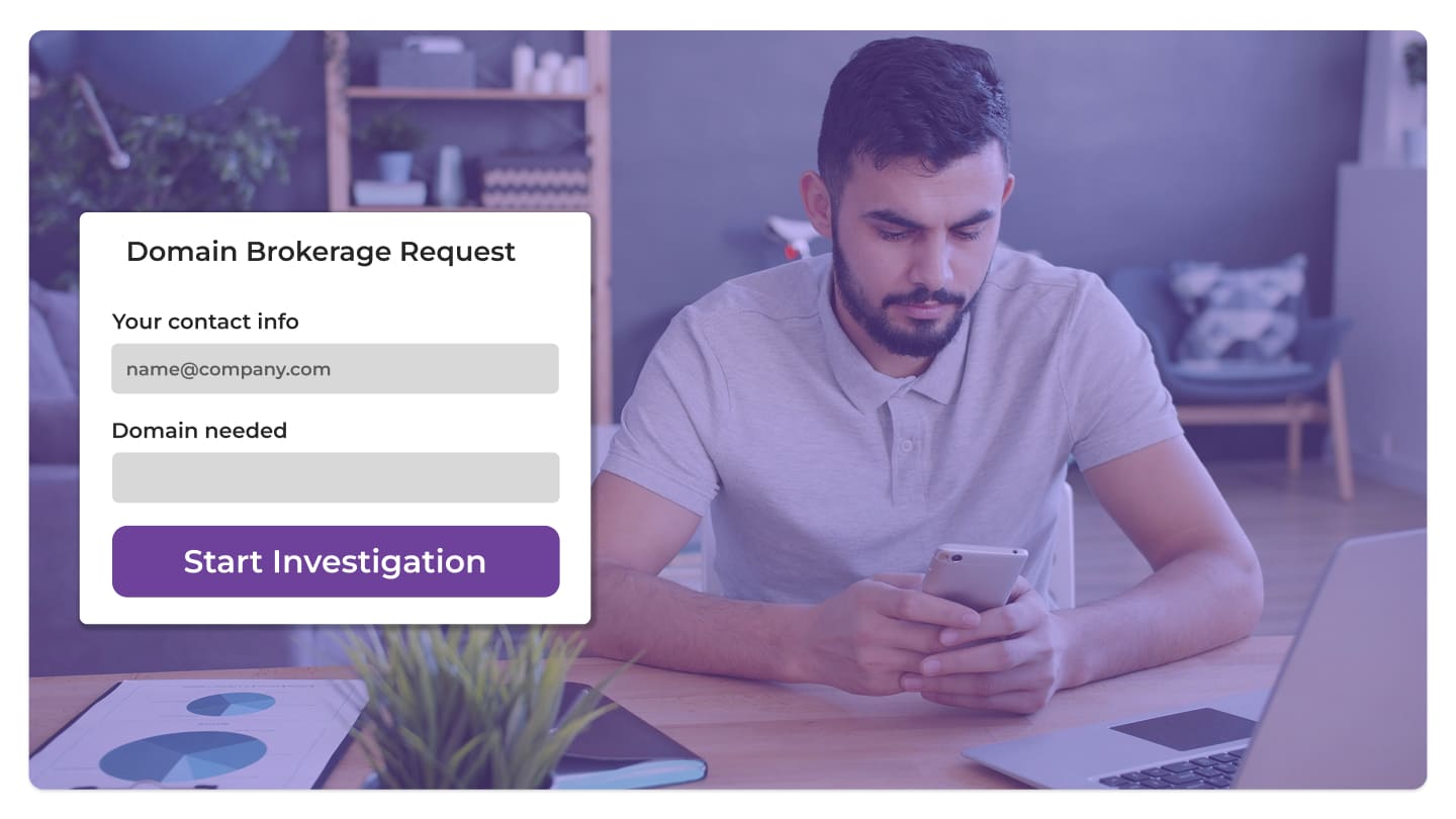 male on his phone making a domain brokerage request with purple ilkari overlay