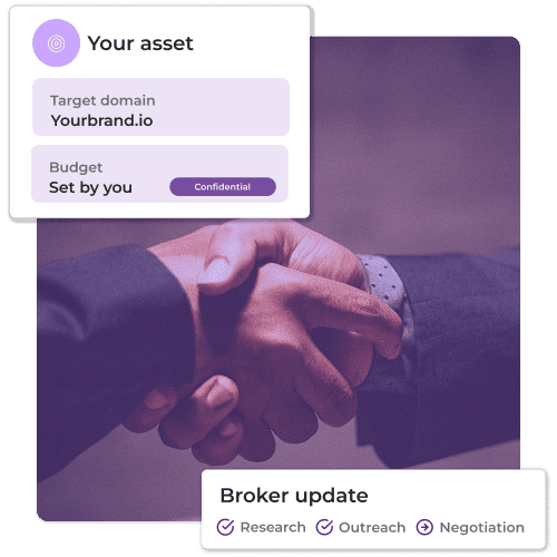 domain brokers shaking hands with purple ilkari overlay and product screenshots